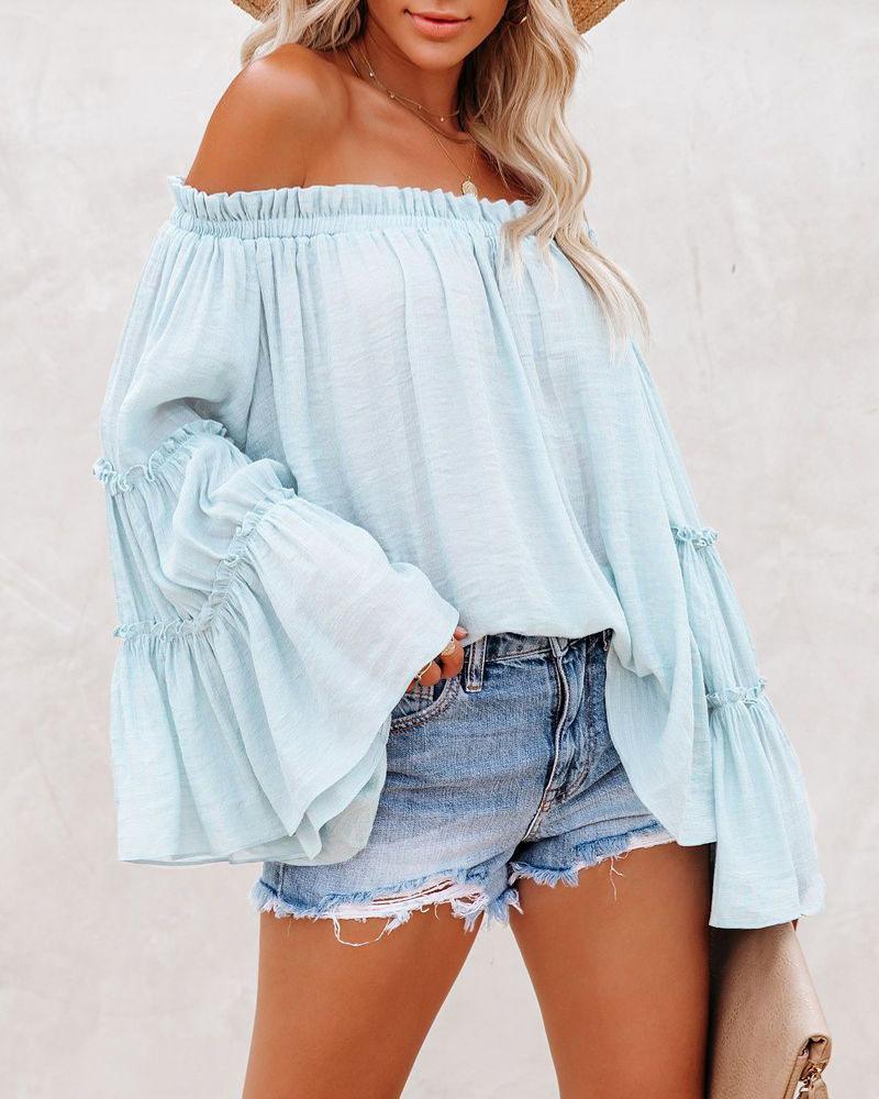 

Frill Hem Off Shoulder Bell Sleeve Top, Lighted blue