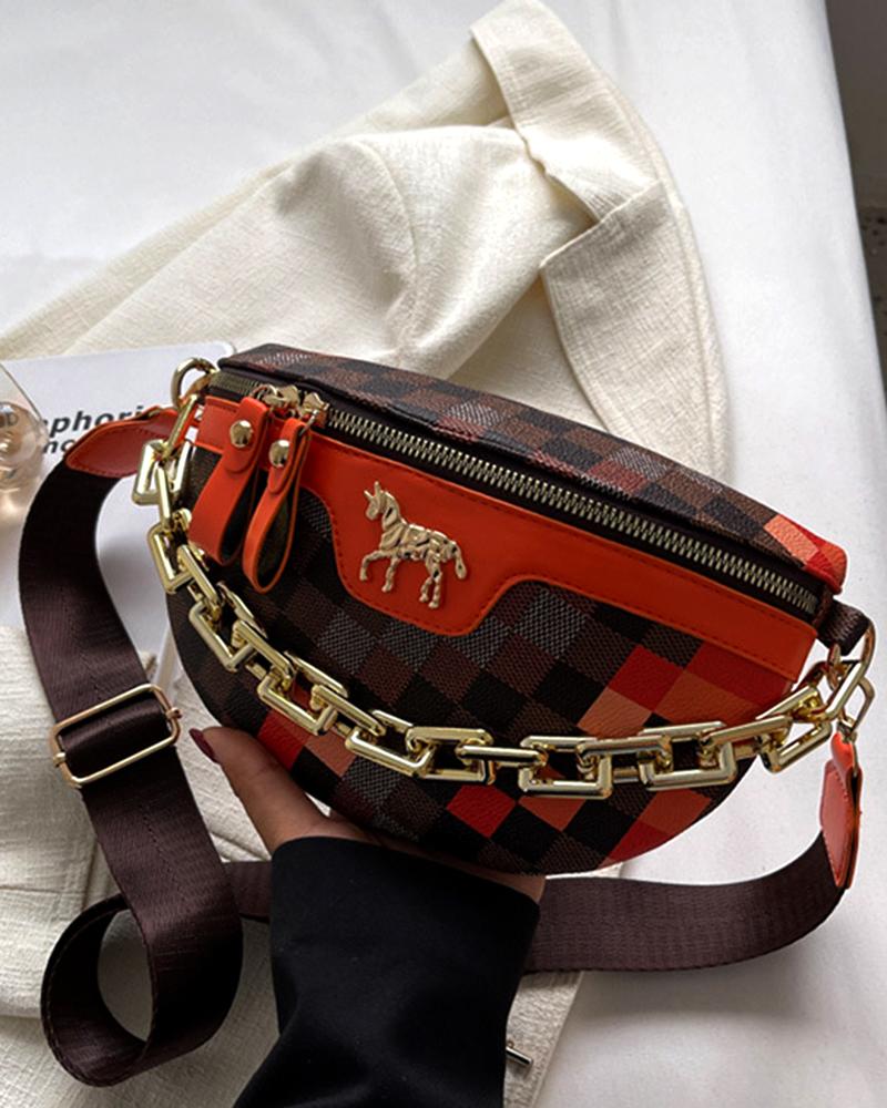 

Plaid Horse Pattern Chain Decor Shoulder Crossbody Bag, Orange