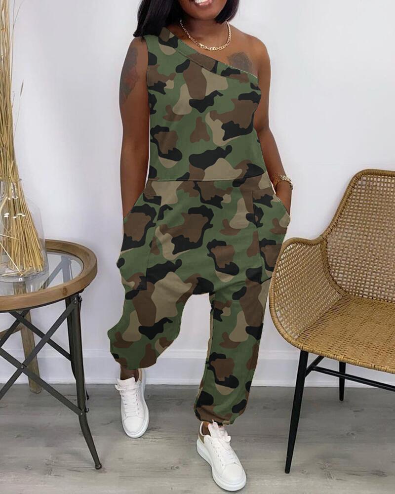 

Camo Print Pocket Design One Shoulder Jumpsuit, Camoflage