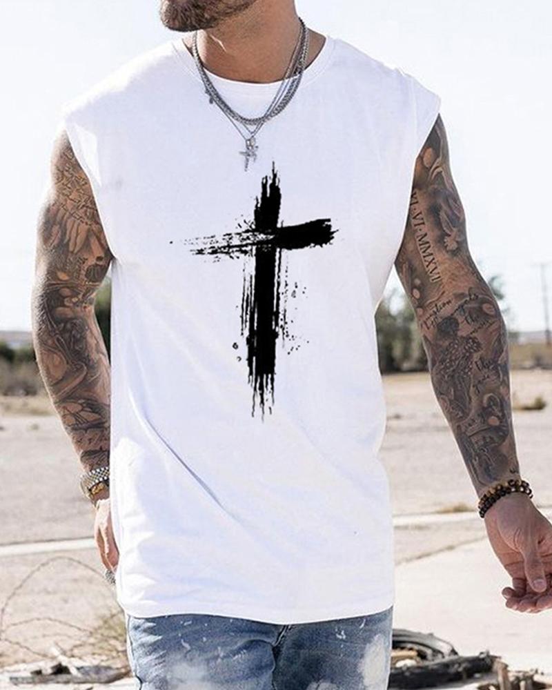 

Cross Patterns Print Sleeveless Loose Tanks, White