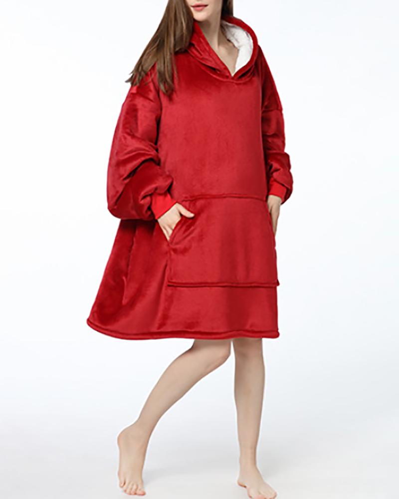 

Lantern Sleeve Pocket Design Hooded Flannel Top, Red