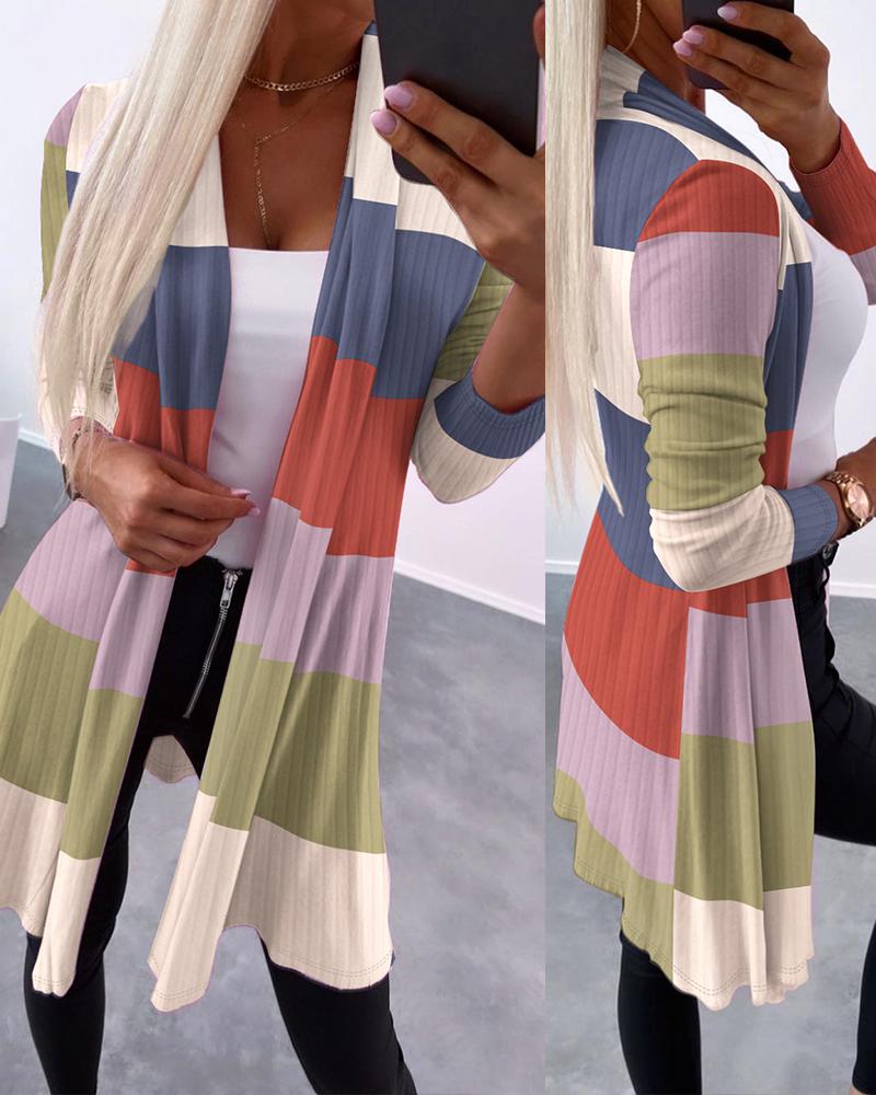 

Striped Colorblock Open Front Longline Coat, Multicolor