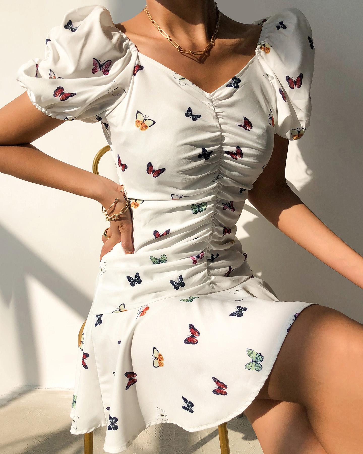 

Butterfly Print Ruched Puffed Sleeve Mini Dress, White