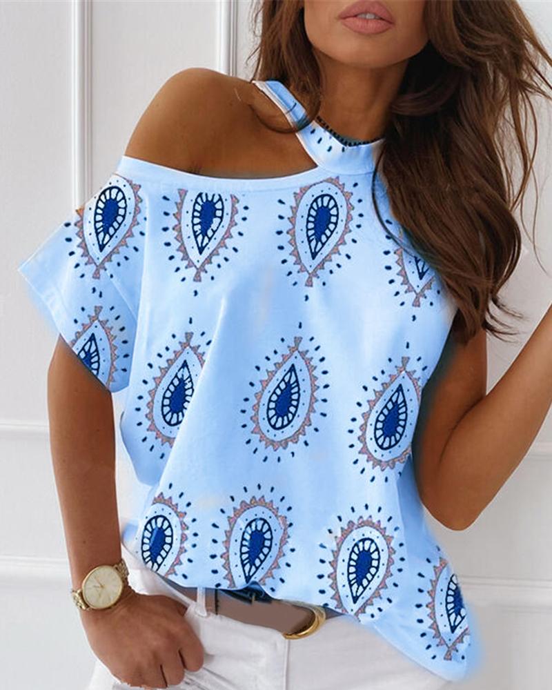 

Paisley Print Cold Shoulder Casual T-shirt, Lighted blue