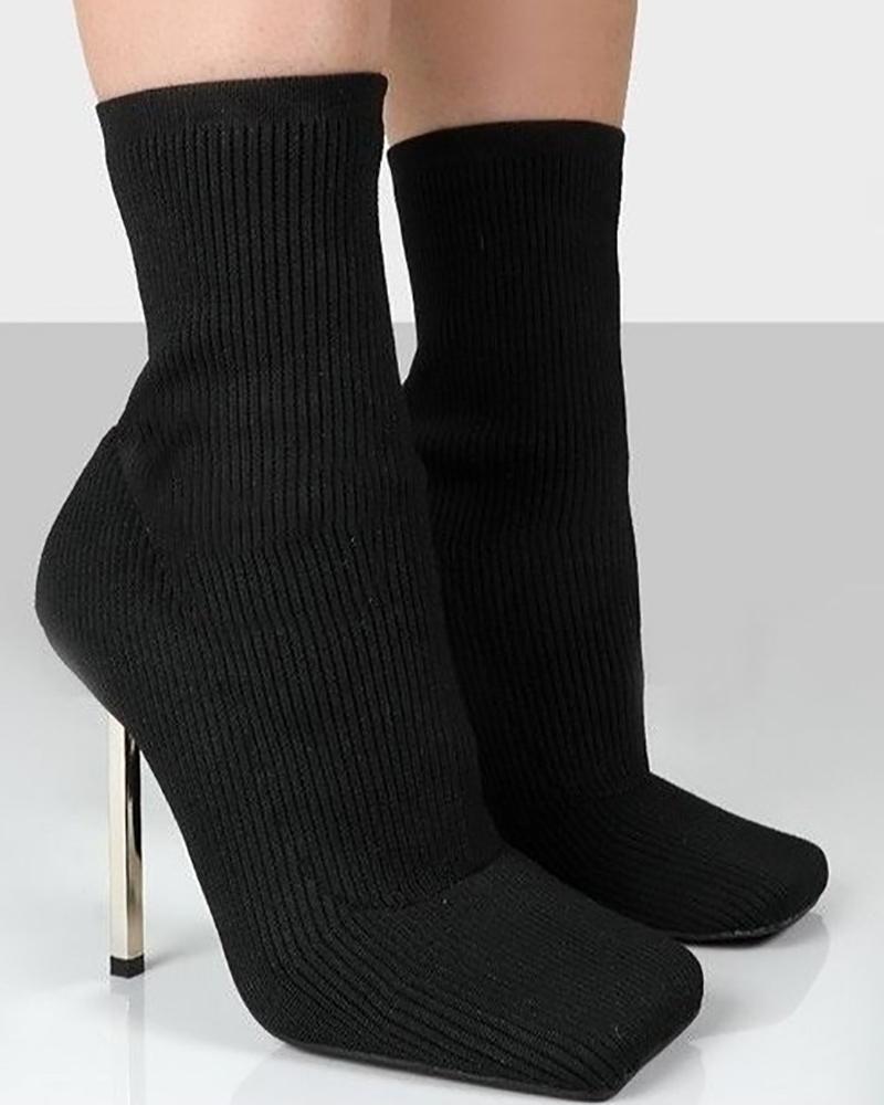 

Square Toe Knit Stiletto Heel Boots, Black