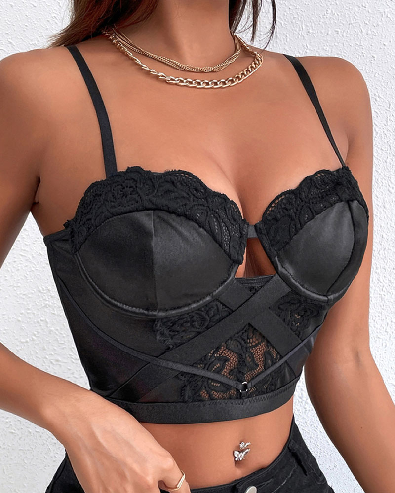 

Contrast Lace Criss Cross Design Crop Cami Top, Black