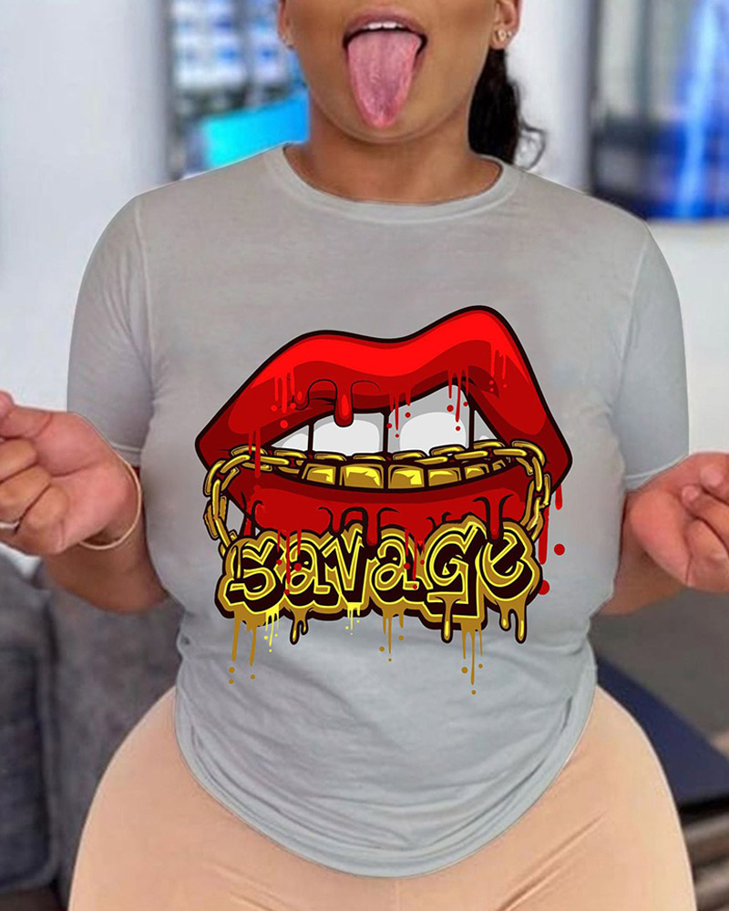

Lip Letter Print T-Shirt, Gray