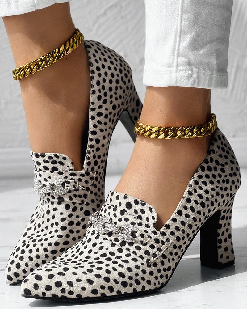 

Leopard Pattern Chunky Heel Pumps, Apricot