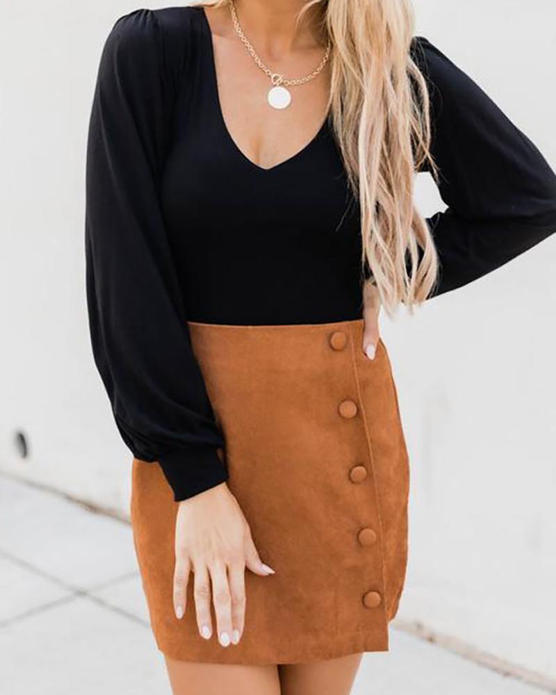 

Plain Puff Sleeve Plunge Bodysuit, Black