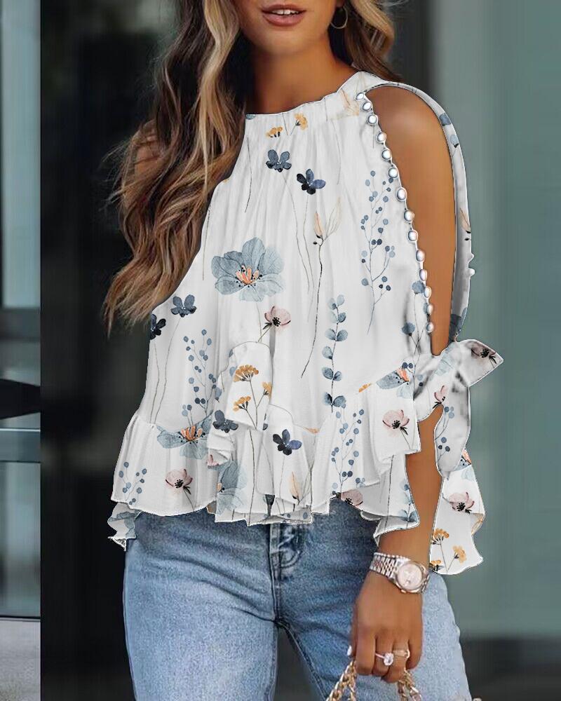 

Floral Print Ruffle Hem Split Sleeve Top, White