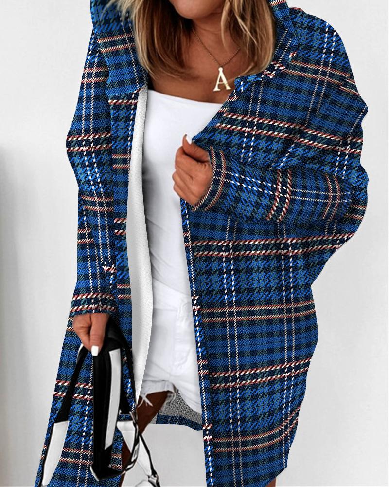 

Plaid Print Hooded Batwing Sleeve Shacket, Blue