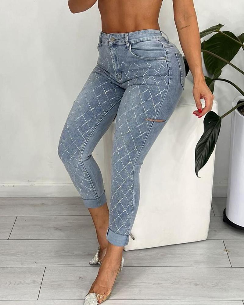 

Argyle Pattern Rhinestone Denim Cutout Jeans, Blue
