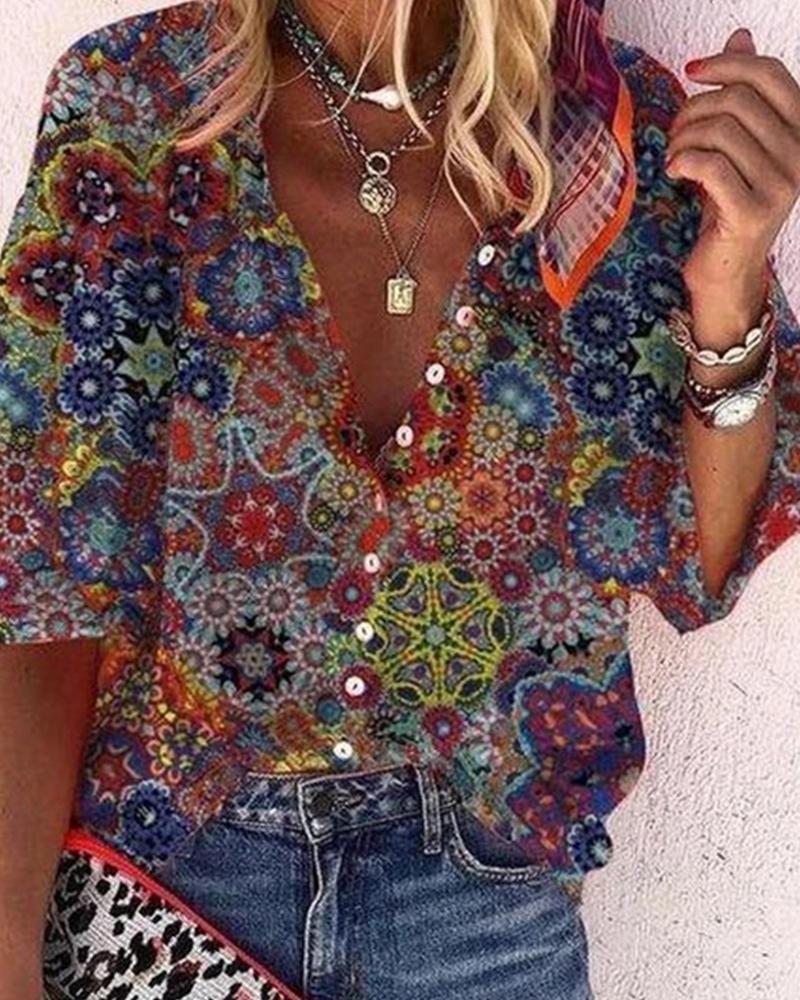 

3D Multicolor Print Half Sleeve Loose Button-up Blouse