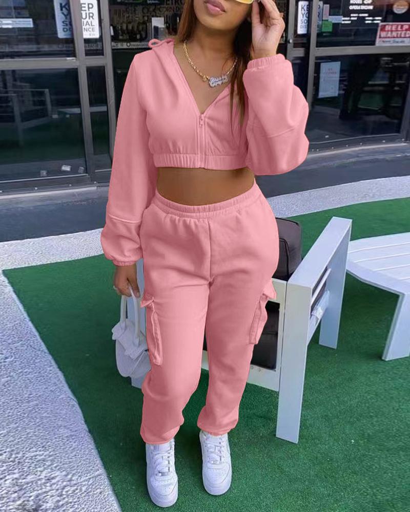 

Long Sleeve Hooded Zip Up Crop Top & Pants Set, Pink