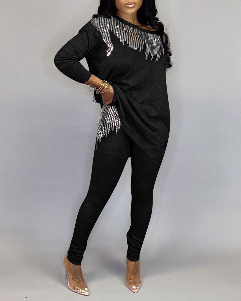 

Contrast Sequin Split Hem Top & Pants Set, Black