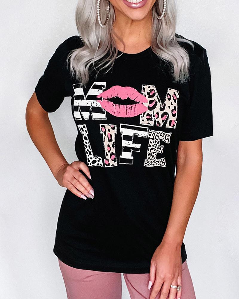 

Leopard Letter Lip Print Short Sleeve T-Shirt, Black