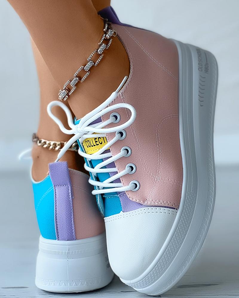 

Colorblock Eyelet Lace-up Canvas Sneakers, Blue&pink