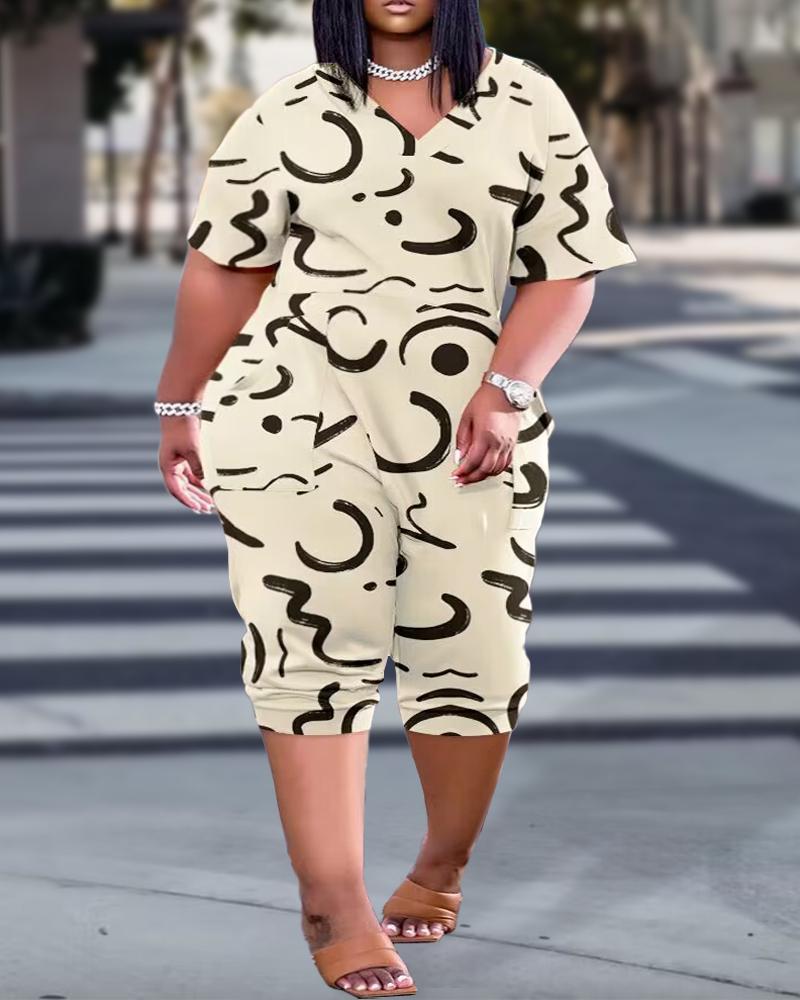 

Plus Size Abstract Print Short Sleeve Jumpsuit, Apricot