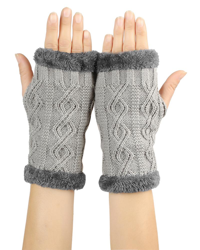 

1Pair Warm Fleece Lined Knit Fingerless Gloves, Light gray