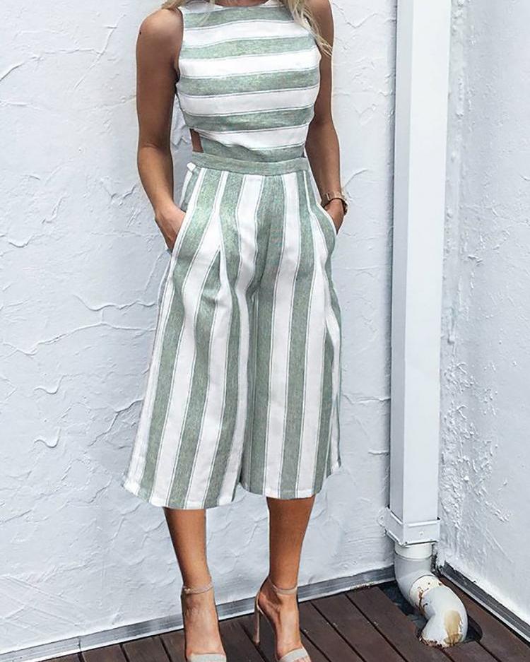 

Striped Cutout Waist Wide Leg Jumpsuit, Green