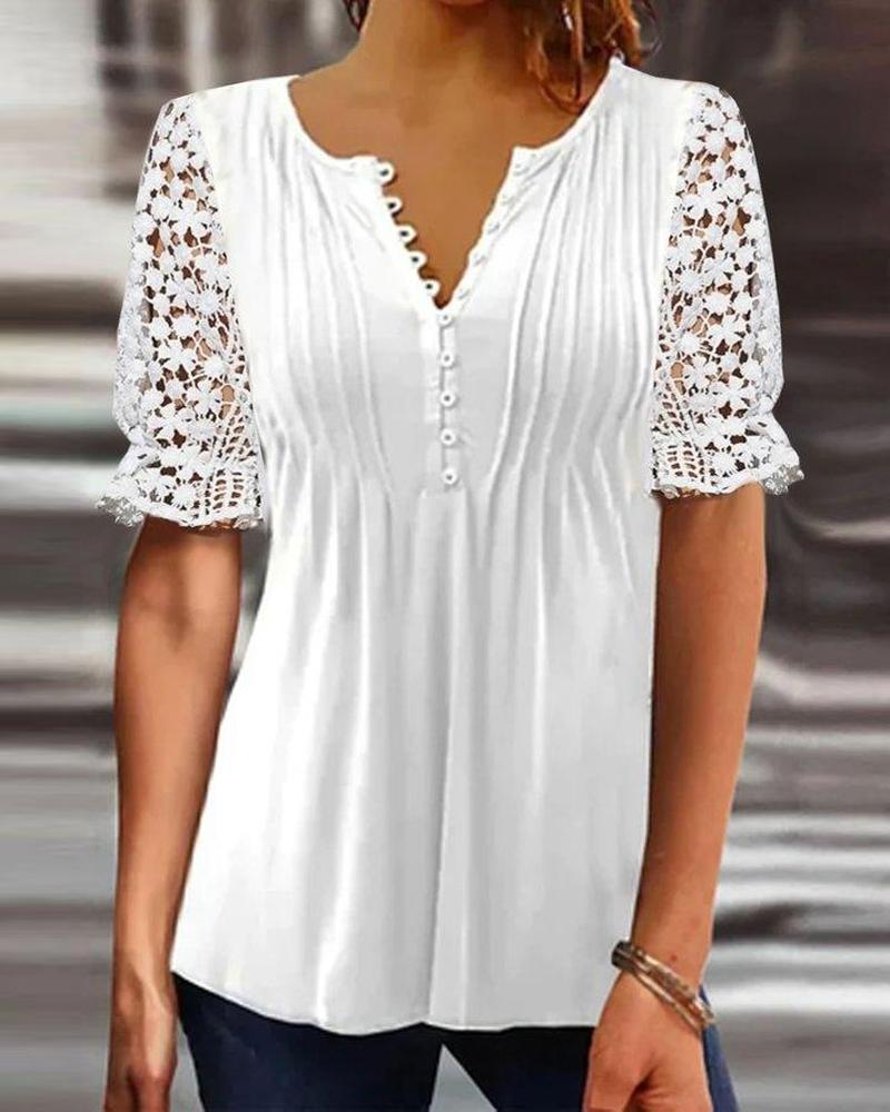 

Contrast Lace Short Sleeve Button Front Top, White