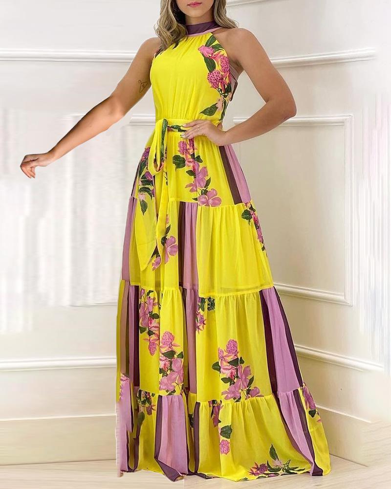 

Floral Print Colorblock Ruched Maxi Dress, Yellow