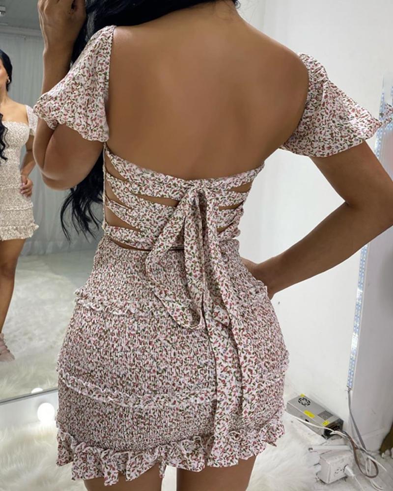 

Floral Bandage Backless Frill Hem Shirring Design Dress, Pink