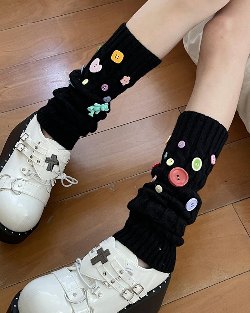 

1Pair Button Decor Knit Leg Warmers, Black