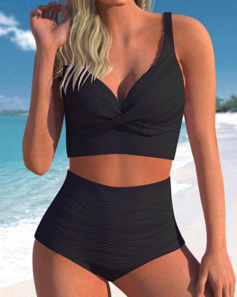 

Cross Front Ruched V-Neck Bikini Set, Black