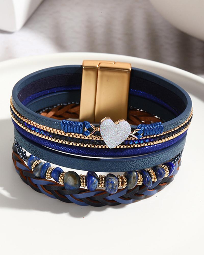 

1pc Heart Pattern Asymmetrical Stone Beaded Multi Layered Braided Magnetic Bracelet, Blue