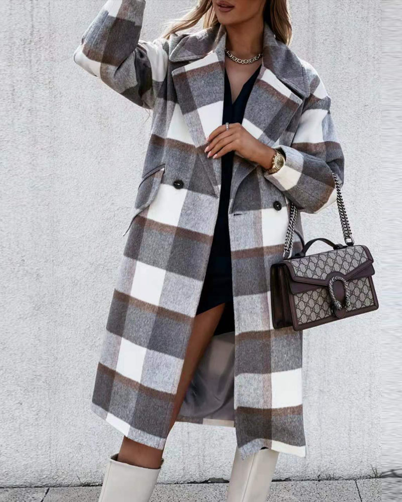 

Plaid Print Double Breasted Longline Pea Coat, Gray