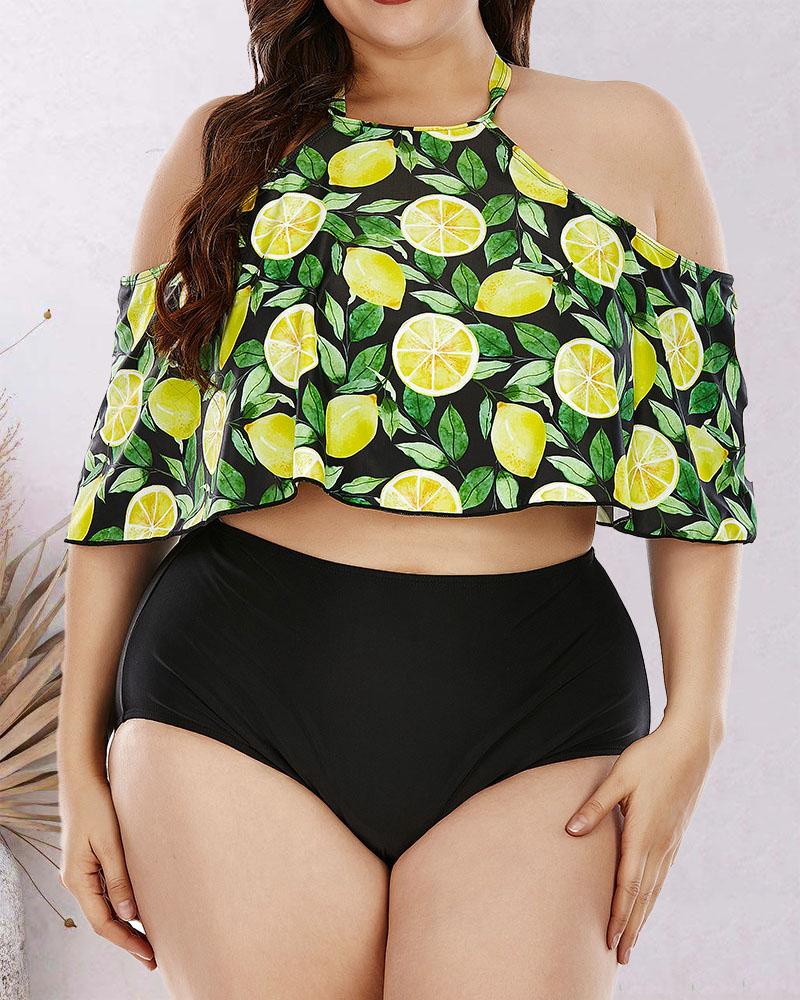 

Plus Size Lemon Print Cold Shoulder High Waist Tankini Set, Black