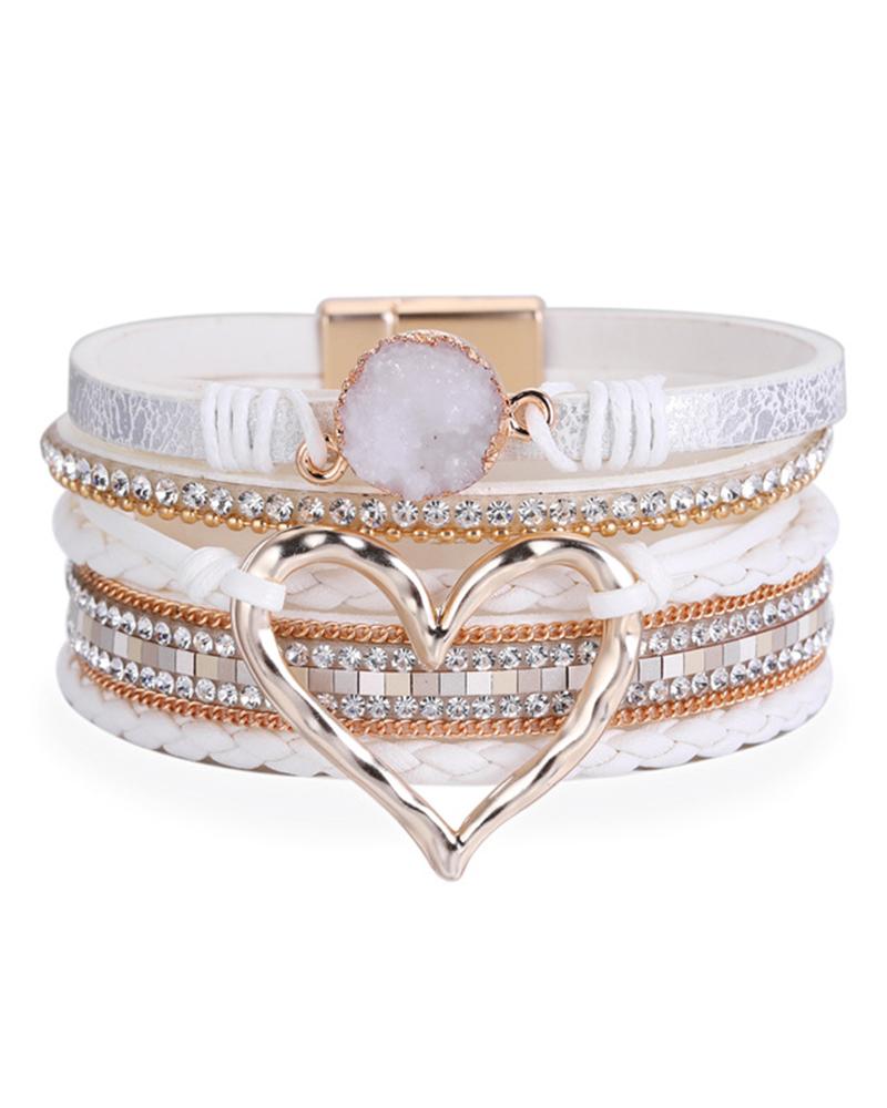 

1pc Valentine's Day Heart Rhinestone Wide Bohemian Magnetic Bracelet, White