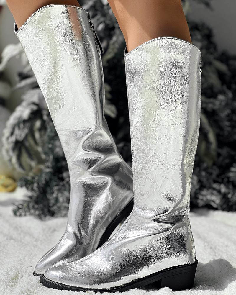 

Metallic Chunky Heel Cowboy Style Calf Boots, Silver