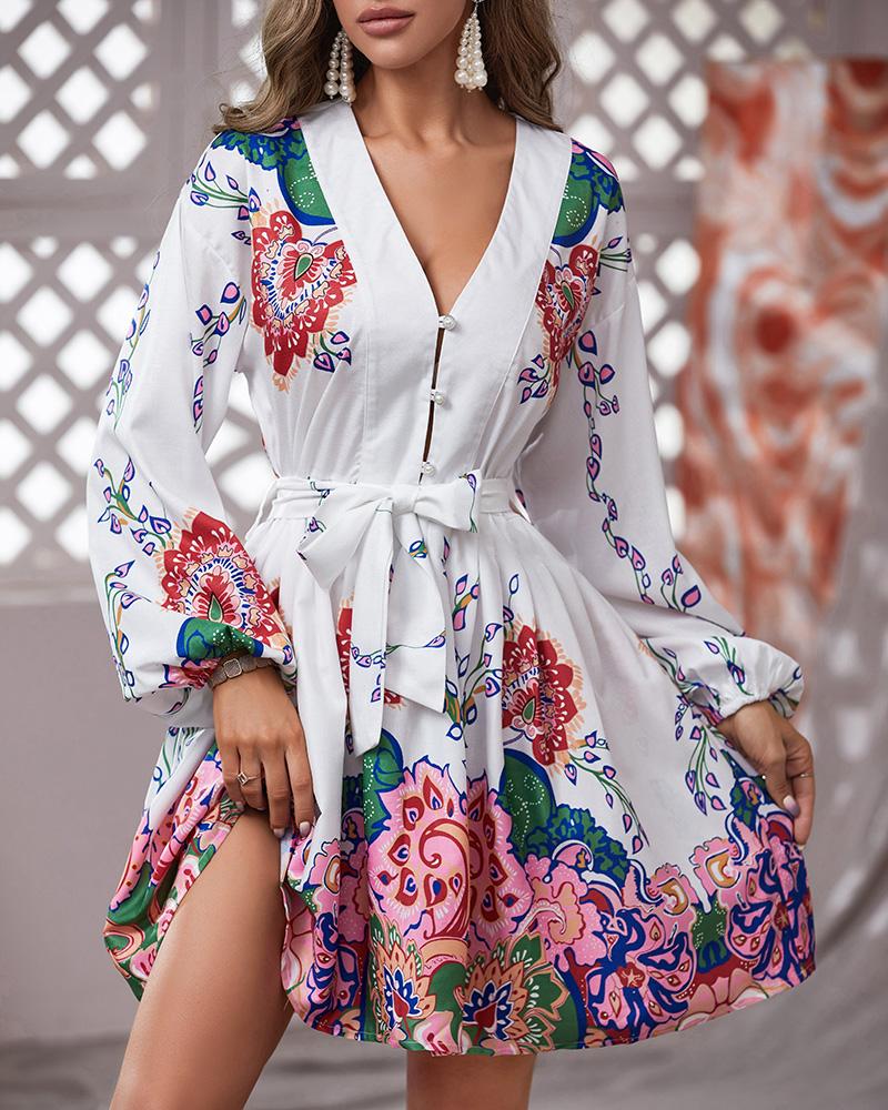 

V-Neck Lantern Sleeve Floral Print Dress With Belt, Multicolor