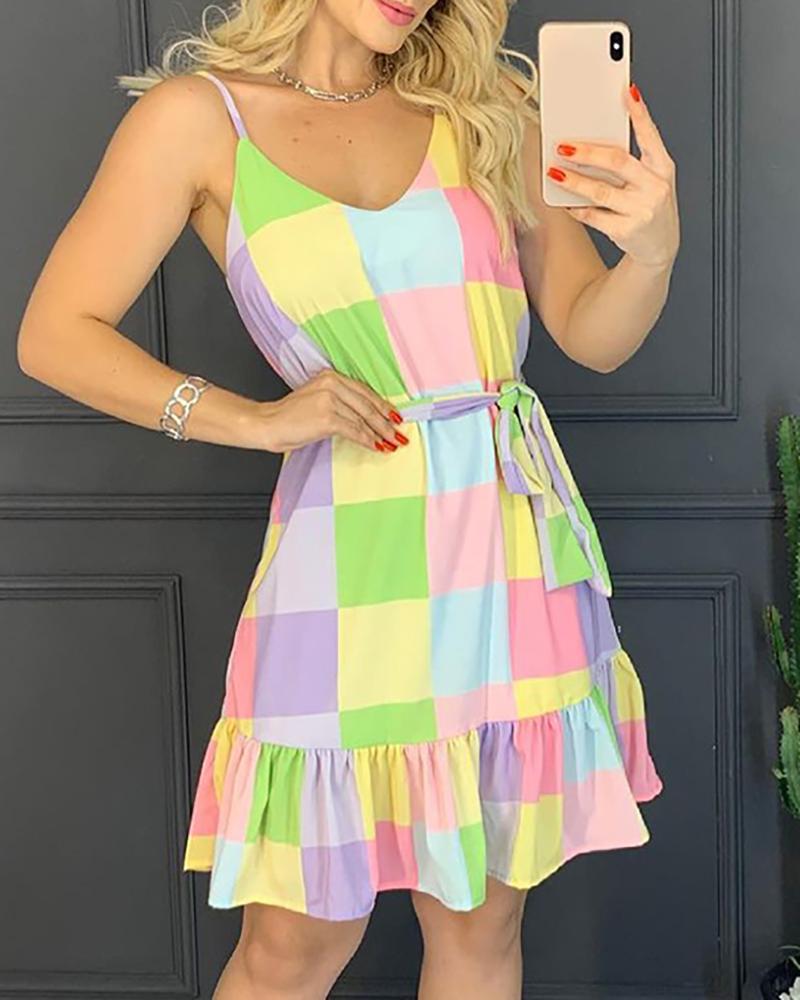 

Plaid Print Colorblock Ruffles Casual Dress, Multicolor