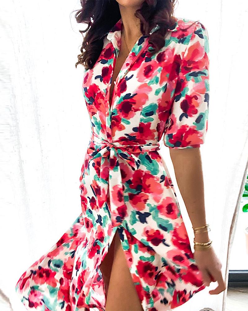 

All Over Print Lace-up Short Sleeve Maxi Dress, Red