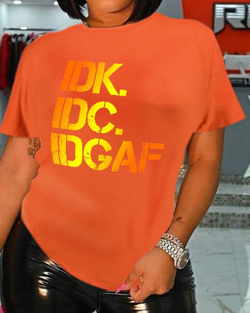 

Plus Size IDK IDC IDGAF Cute Funny Print T-shirt Graphic Tee, Orange