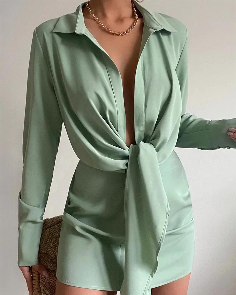 

Tied Detail Long Sleeve Shirt Dress, Green