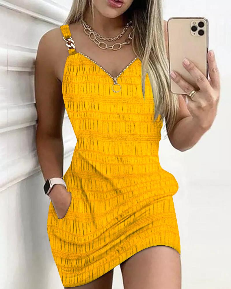 

Zipper Design Textured Suspender Dress, Yellow