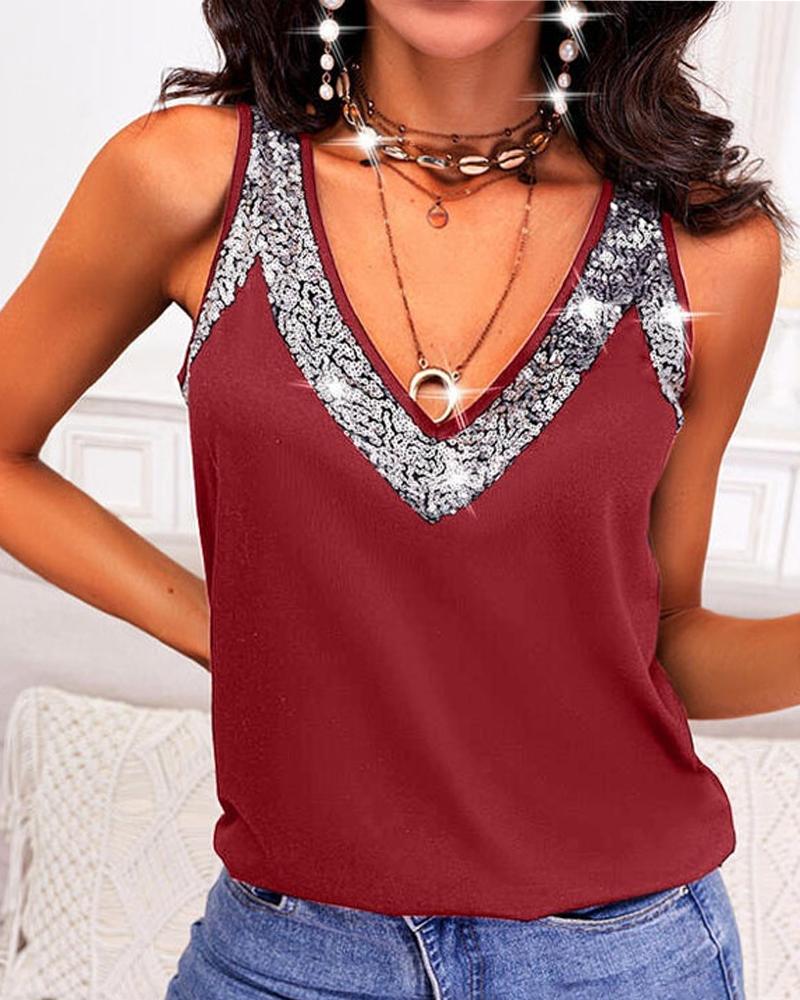 

Contrast Sequin V-Neck Tank Top, Red