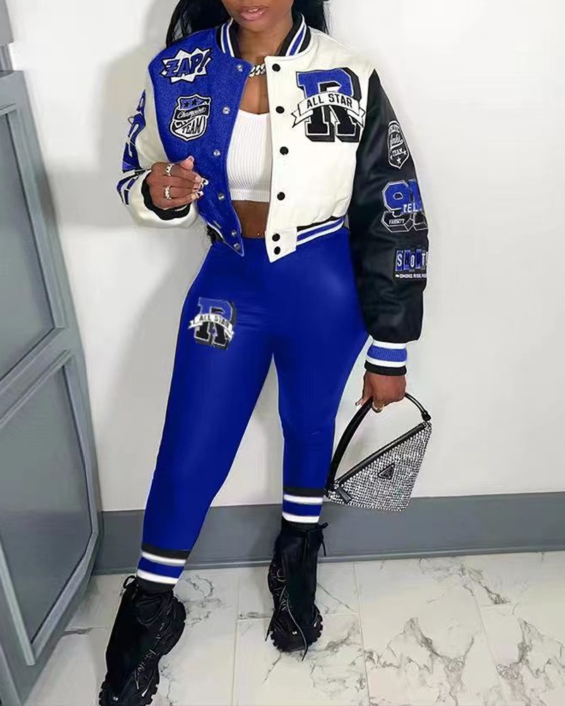 

Colorblock Graphic Print Baseball Jacket & Pants Set, Blue