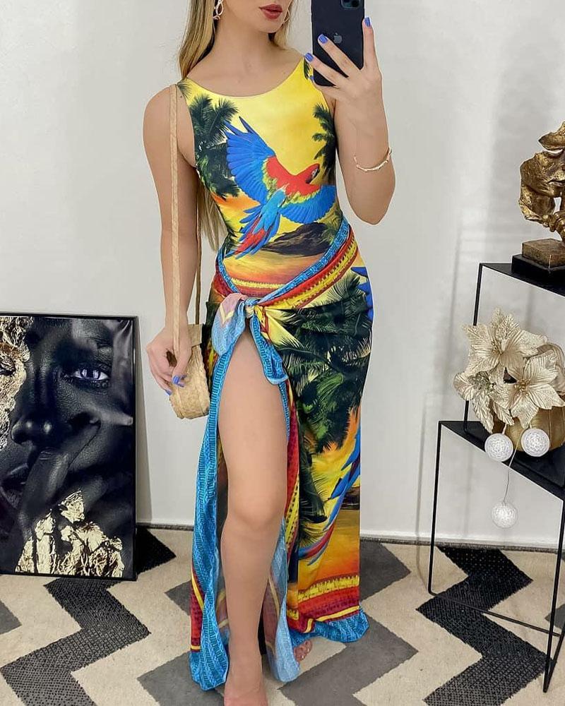 

Animal Tropical Print Backless One Piece Swimsuit With Cover Up, Yellow