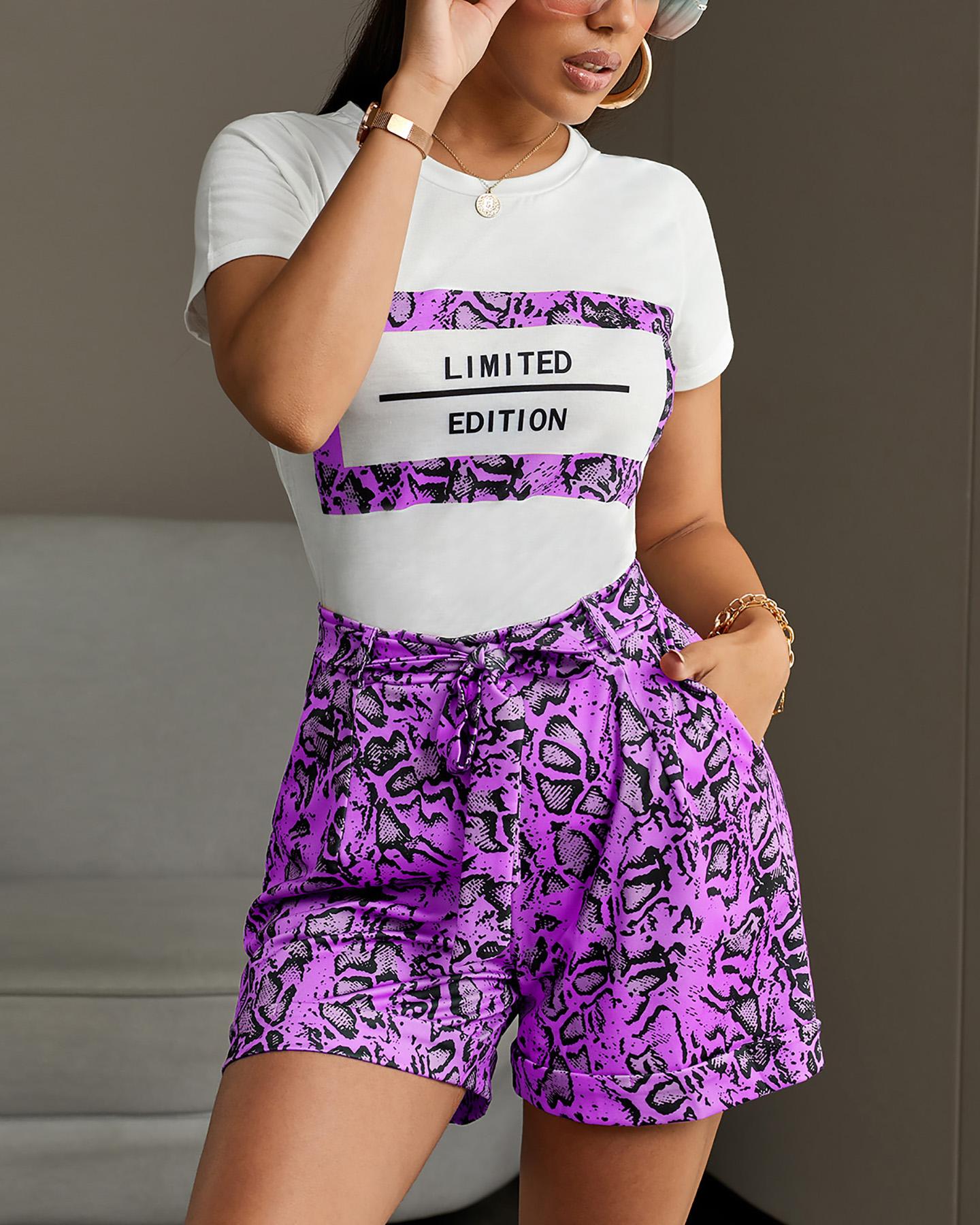 

Letter Short Sleeve T-shirt & Snakeskin Print Shorts Sets, Purple
