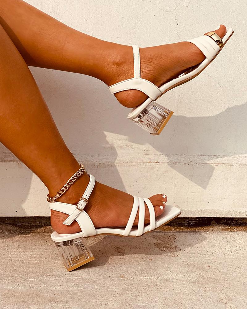 

Square-toe Solid Color Strap Heel Sandals, White