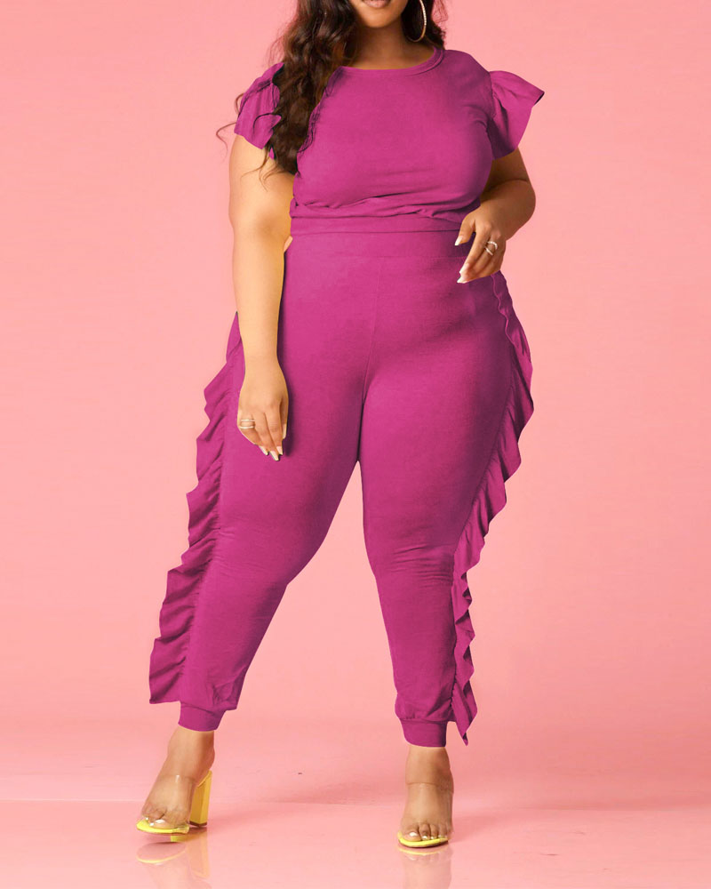 

Plus Size Flutter Sleeve Top & Ruffle Hem Pants Set, Hot pink