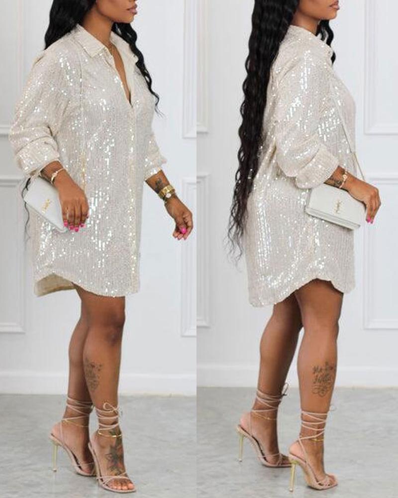 

Plus Size Long Sleeve Allover Sequin Shirt Dress, Apricot