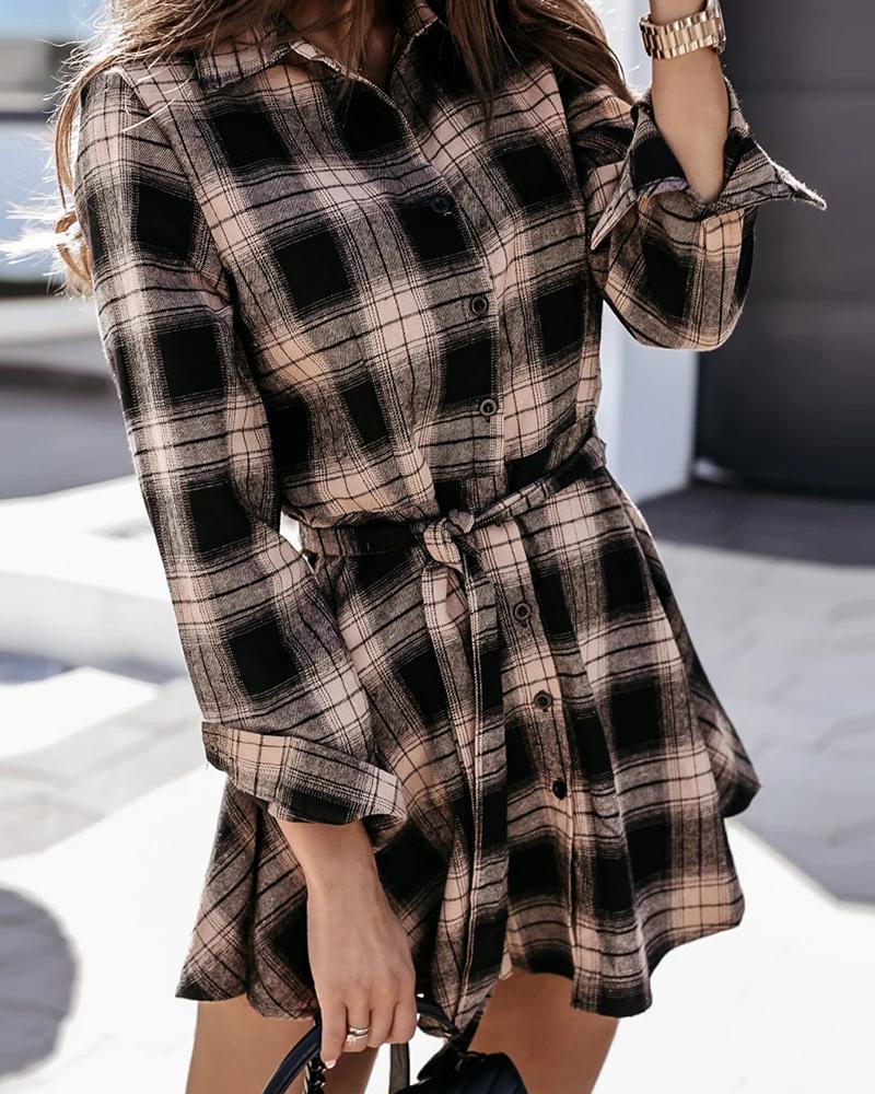 

Plaid Colorblock Long Sleeve Shirt Dress, Khaki