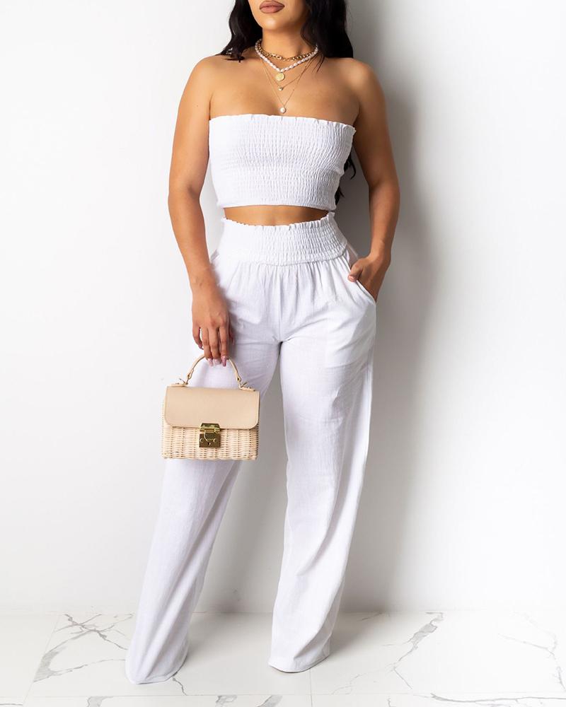 

Solid Tube Shirring Design Top & Pants Set, White