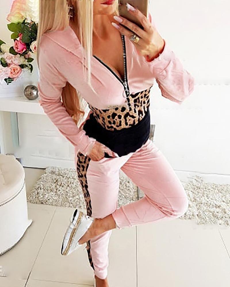 

Cheetah Print Hooded Sweatshirt & Pocket Design Pants Set, Pink